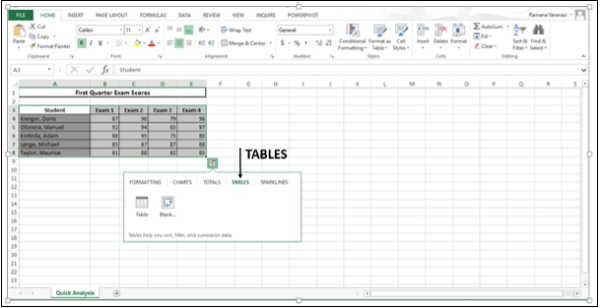 أيقونة الجداول في اكسل2013