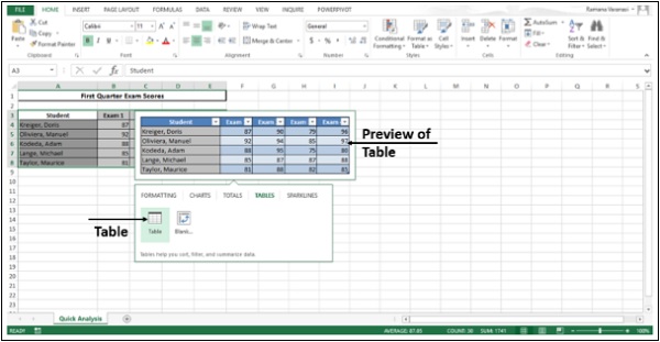 أيقونة الجداول في اكسل2013