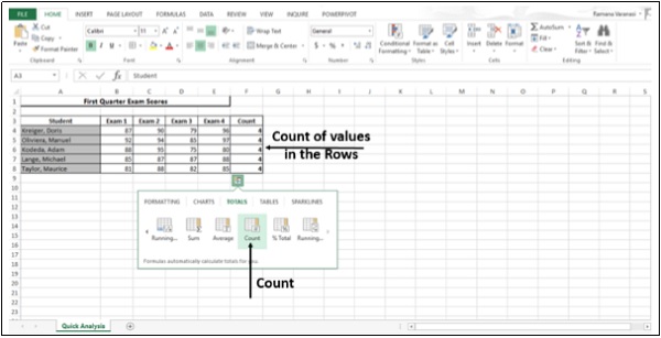 أيقونة العد لعد قيم الصف في اكسل2013