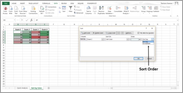 خيار ترتيب الأوامر في اكسل2013