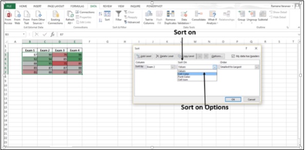 خيار الفرز على في اكسل2013