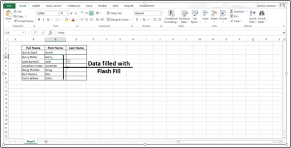 البيانات المضافة بواسطة التعبئة السريعة في اكسل2013