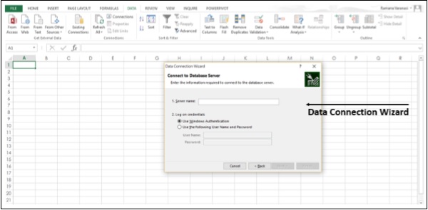 نافذة معالج اتصال البيانات في اكسل2013