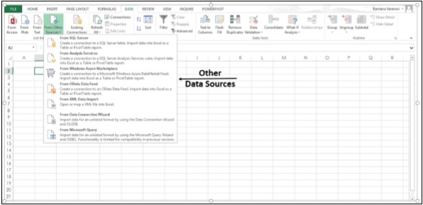 قائمة المصادر الاخرى في اكسل2013