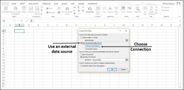 زر اختيار الاتصال في اكسل2013