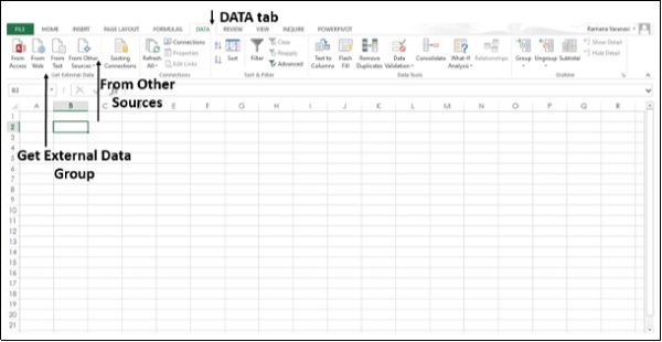 أيقونة مصادر اخرى في اكسل2013