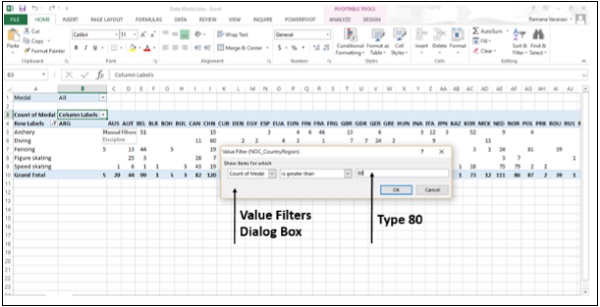 نافذة مربع حوار عوامل تصفية القيم في اكسل2013