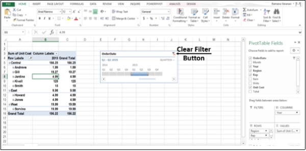 زر حذف التصفية لحذف الجدول الزمني في اكسل2013