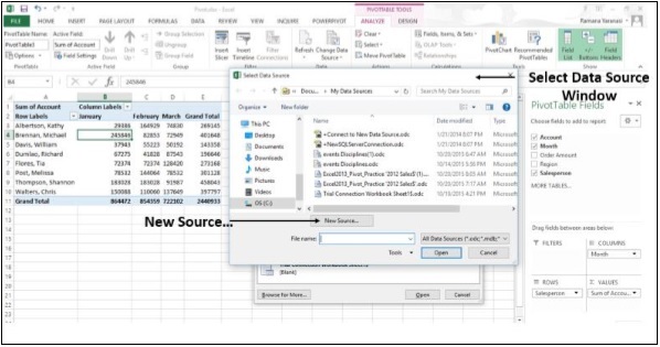 نافذة تحديد مصدر البيانات في اكسل2013