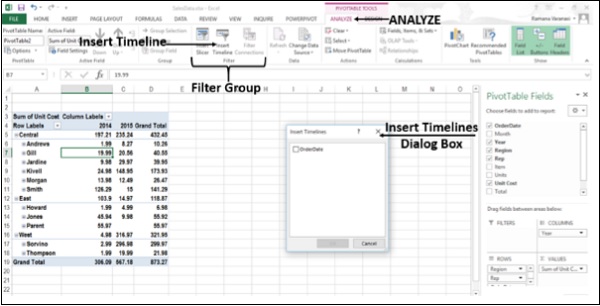 أيقونة ادراج جدول زمني في اكسل2013