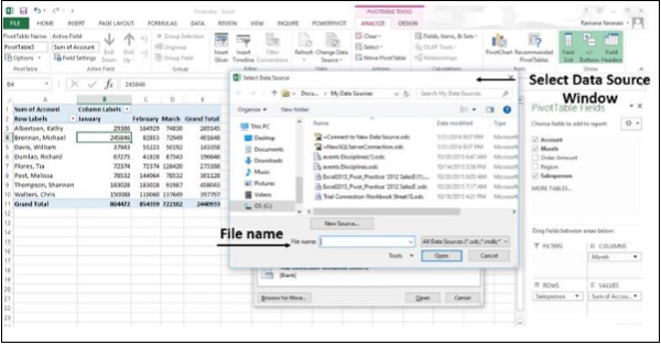 مربع اسم الملف في نافذة تحديد مصدر البيانات في اكسل2013