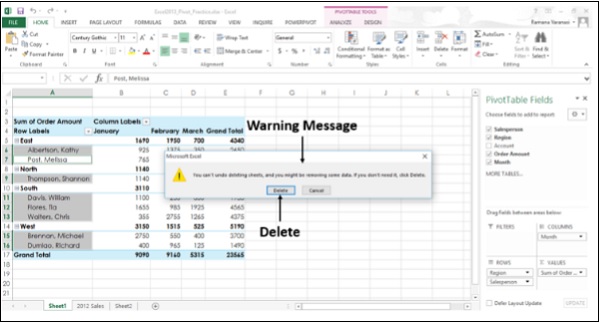 رسالة تحذير أثناء حذف ورقة العمل في اكسل2013