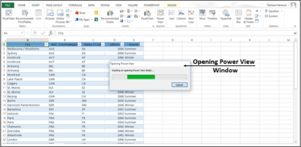 نافذة فتح الباورفيو في اكسل2013
