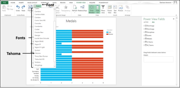 قائمة الخطوط المنسدلة من مجموعة السيمات في اكسل2013