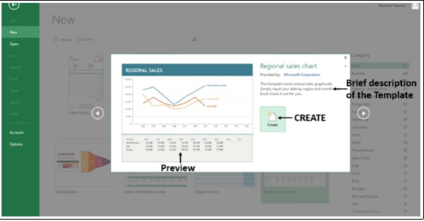 وصف موجز للقالب ومعاينة القالب في اكسل2013