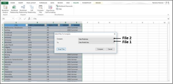 للعكس بين خانات المقارنة في نافذة المقارنة في اكسل2013