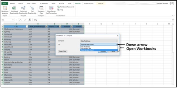 نقر السهم بجوار اسم الملف في نافذة المقارنة في اكسل2013 