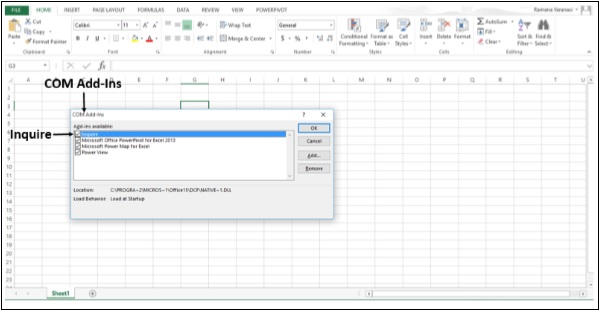 خانة الاستفسار في نافذة COM الاضافية في اكسل2013