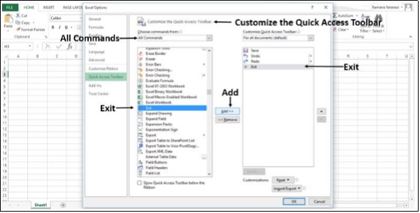 إضافة أمر الخروج إلى القائمة باستخدام زر اضافة في اكسل2013