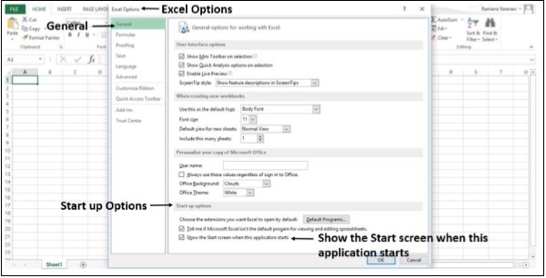 نافذة خيارات اكسل في اكسل2013